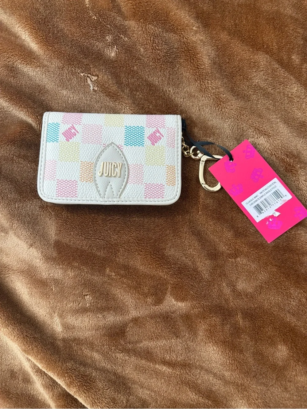 Juicy Couture Pastel Checkerboard Key & Card Holder with Gold Logo